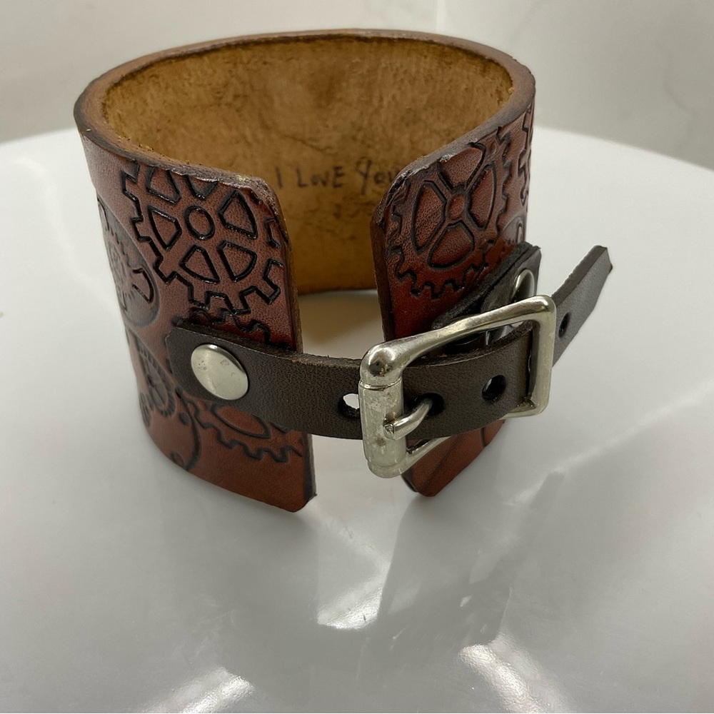 Steampunk gears leather cuff bracelet embossed wristband stamped pattern